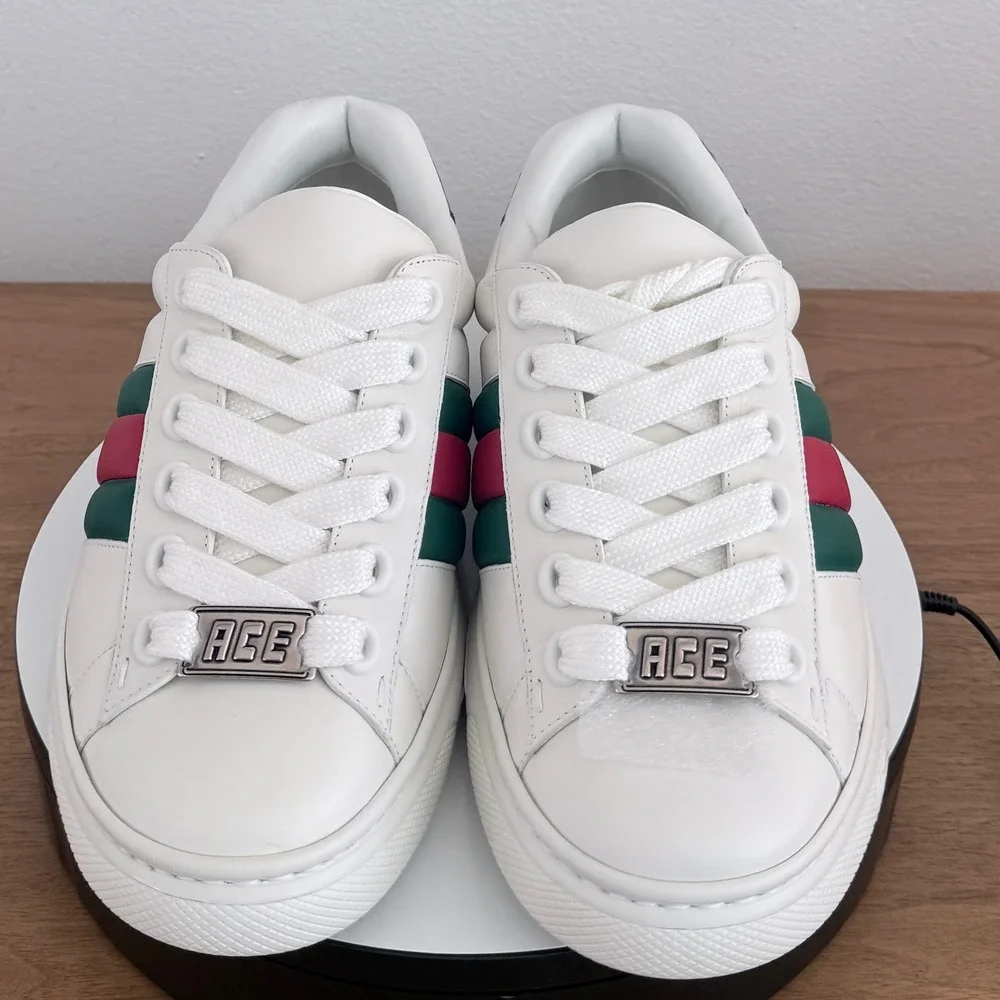 Gucci Ace White Leather Web Stripe Sneakers Green Croc Heel 791394 Mens UK 9